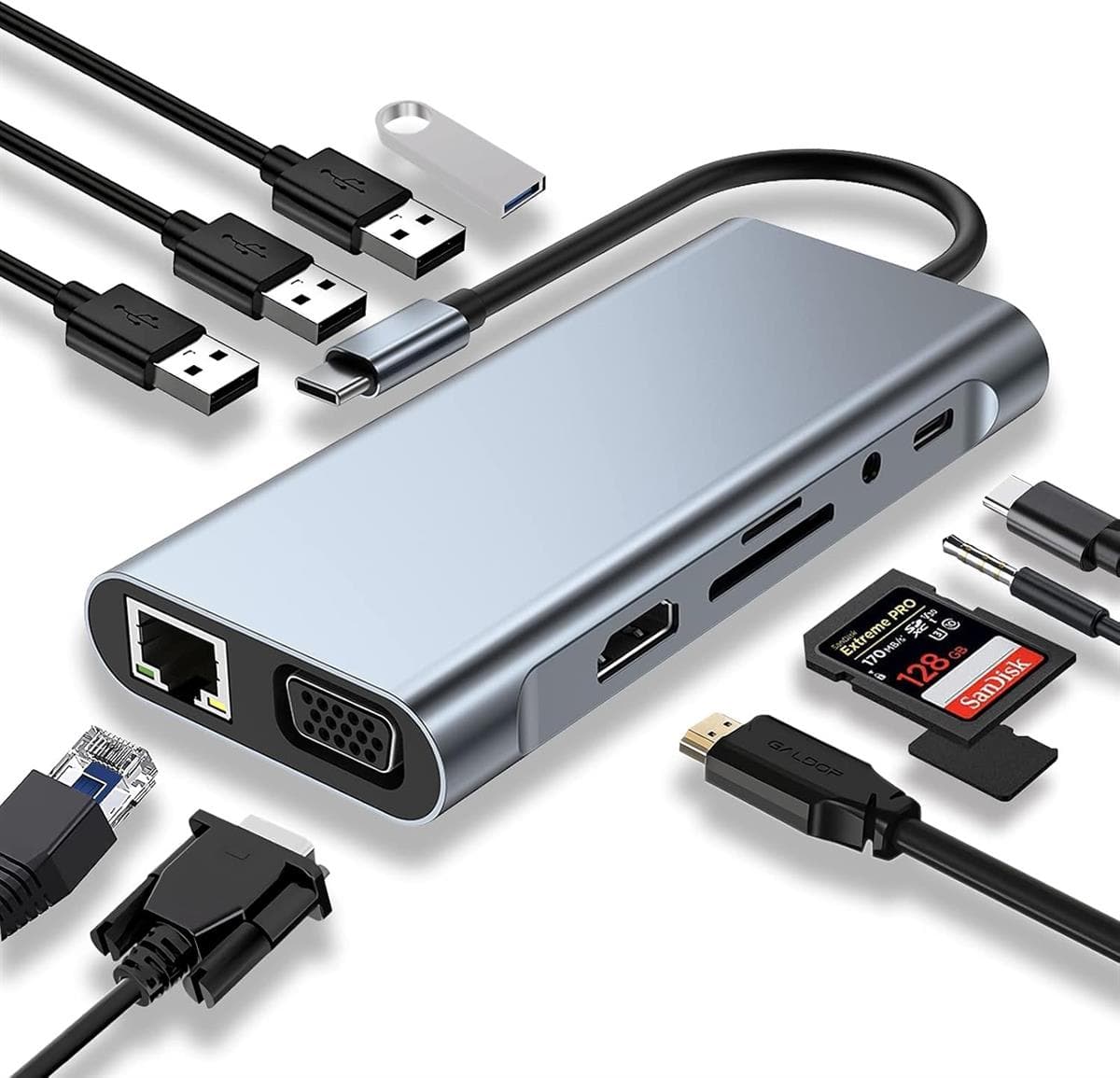 USB-C hub with multiple ports and cables