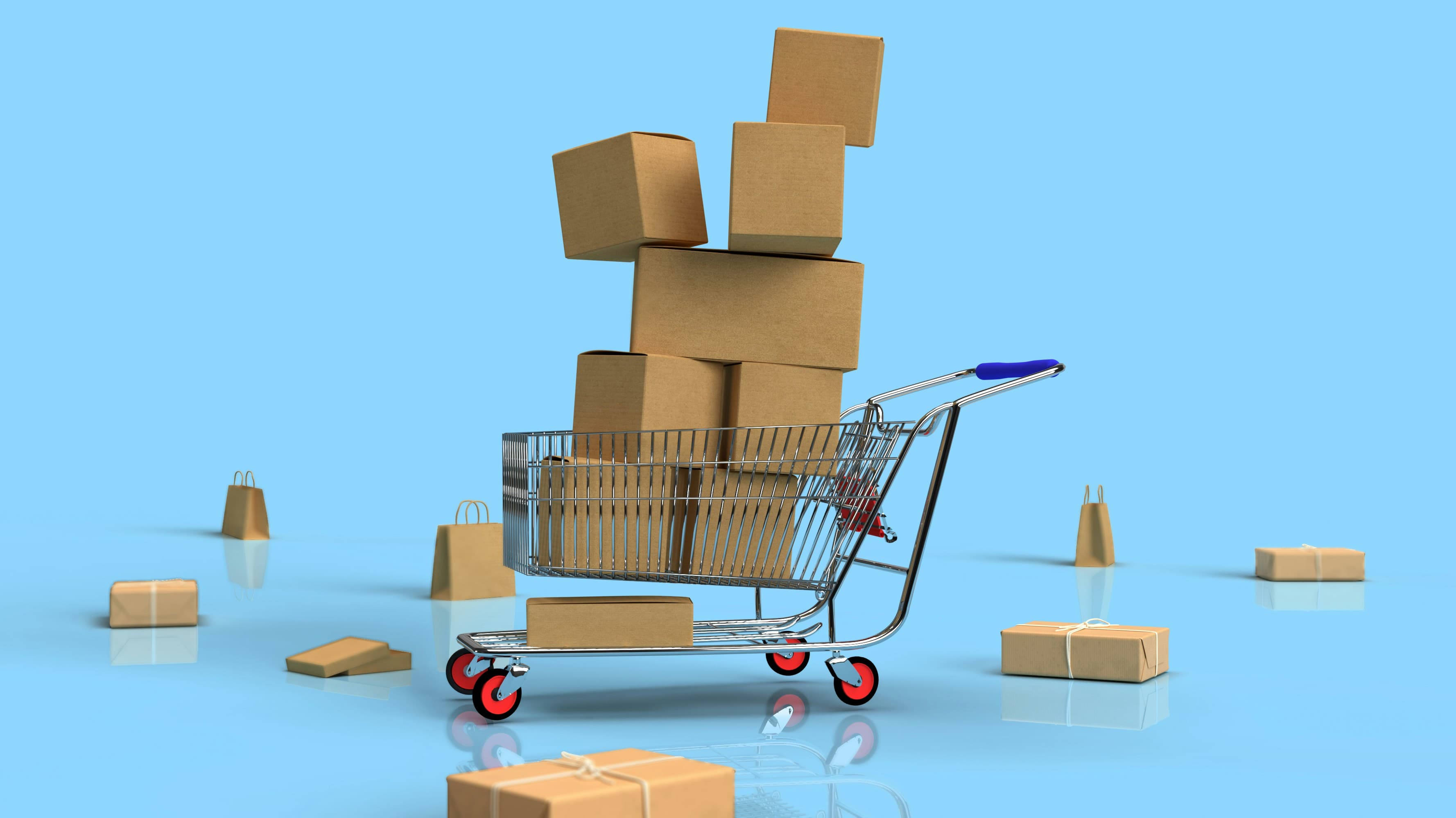 A shopping cart full of packed orders, ready to ship