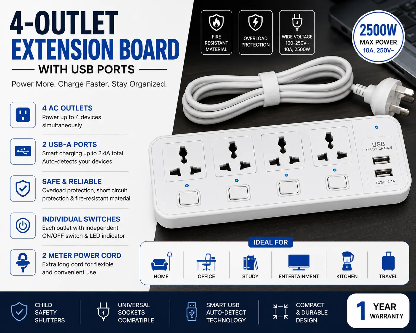 4-Outlet Extension Board with USB Ports