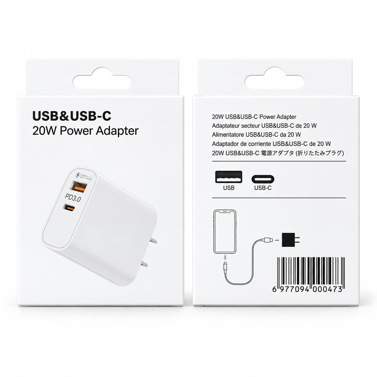 20W Dual Port USB-A & USB-C Fast Charging Power Adapter