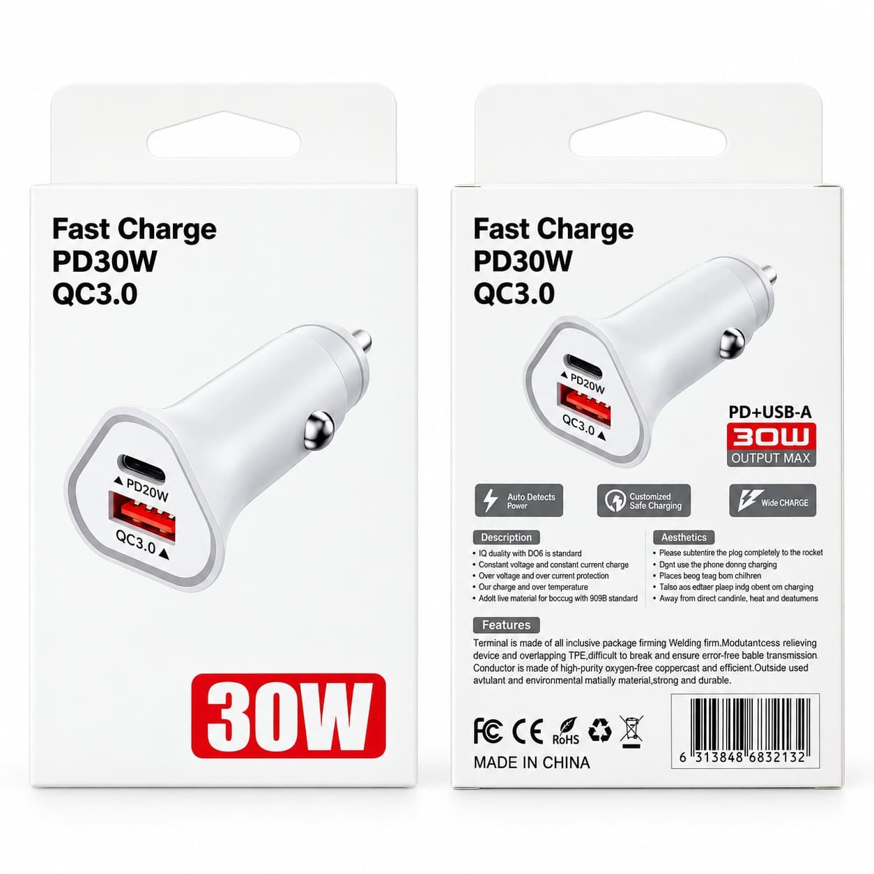 30W Dual Port Fast Car Charger – USB-C PD + USB-A QC3.0
