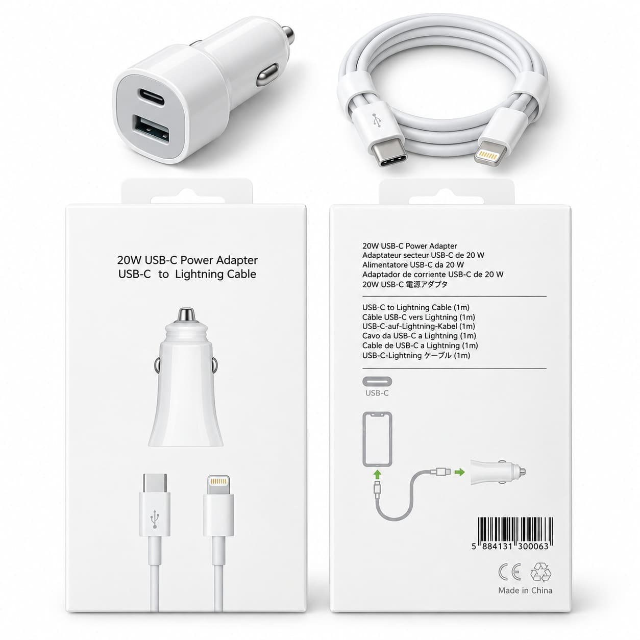 20W USB-C Fast Car Charger with USB-C to Lightning Cable – 1M